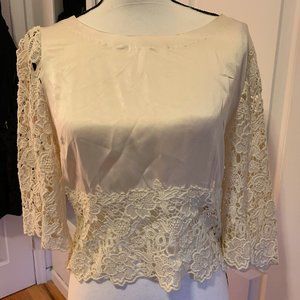 Line and Dot Silk and Lace Cropped Scoop Neck Blouse - Sz Medium